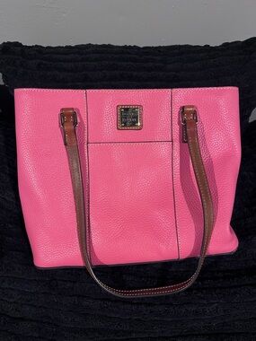 Dooney & Bourke Hot Pink Pebble Leather Tote with Brown Straps